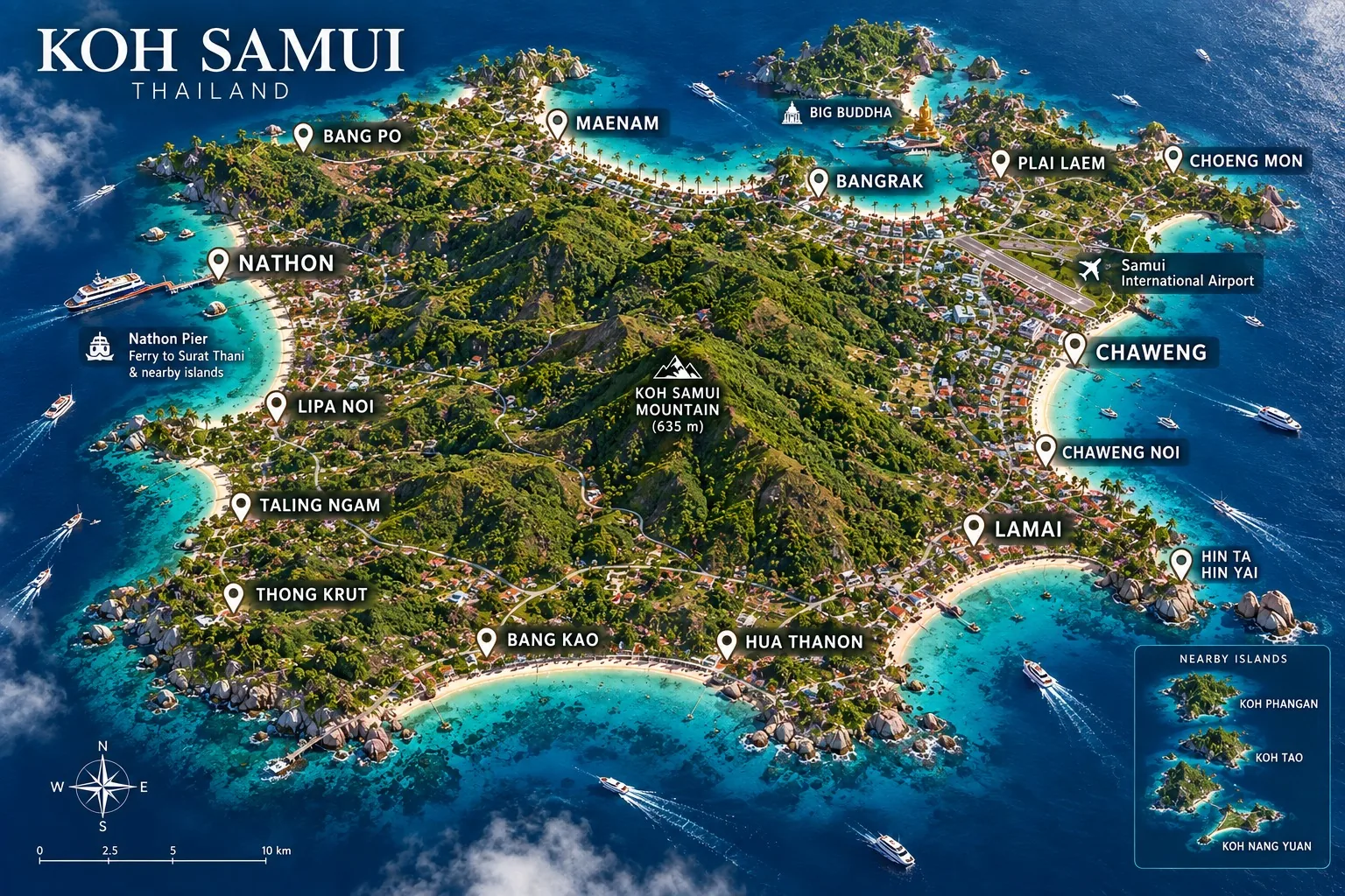 Carte de Koh Samui avec les zones : Maenam, Bangrak, Chaweng, Lamai, Nathon, Bang Po, Plai Laem, Choeng Mon – Mary Stone Real Estate